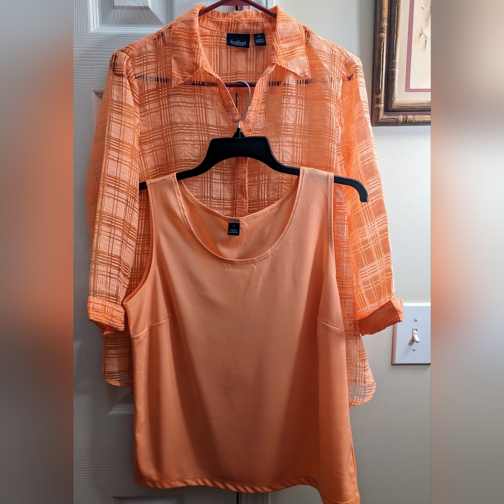 Women's short sleeve button up top with tank top.